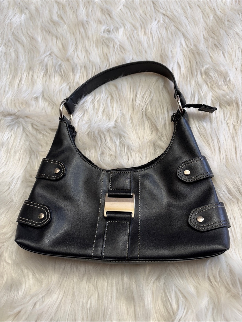 Nine West Black Leather Shoulder Bag with Silver-Tone Hardware
